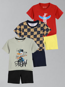 HELLCAT - Boys Grey Multi-Color Red Printed T-shirts and Shorts (Set of 3)