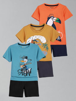 HELLCAT - Boys Blue Mustard & Orange Printed T-shirts and Shorts (Set of 3)