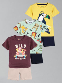 HELLCAT - Boys Wine Green & Yellow Printed T-shirts and Shorts (Set of 3)