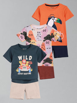 HELLCAT - Boys Navy Blue Multi-Color & Orange Printed T-shirts and Shorts (Set of 3)