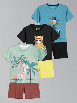 HELLCAT - Boys Green Black & Blue Printed T-shirts and Shorts (Set of 3)