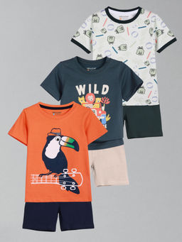 HELLCAT - Boys Orange Navy Blue & White Printed T-shirts and Shorts (Set of 3)