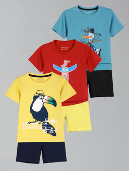 HELLCAT - Boys Yellow Red & Blue Printed T-shirts and Shorts (Set of 3)