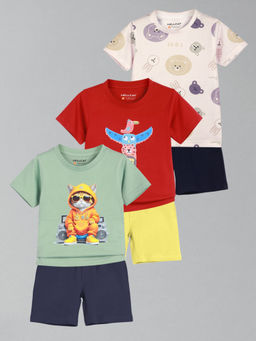 HELLCAT - Boys Green Red & White Printed T-shirts and Shorts (Set of 3)