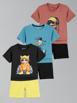 HELLCAT - Boys Black Blue & Pink Printed T-shirts and Shorts (Set of 3)