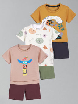 HELLCAT - Boys Pink White & Mustard Printed T-shirts and Shorts (Set of 3)