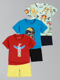 HELLCAT - Boys Red Blue & Green Printed T-shirts and Shorts (Set of 3)