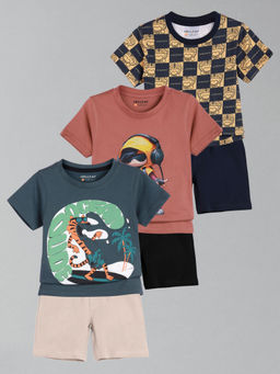 HELLCAT - Boys Navy Blue Pink & Multi-Color Printed T-shirts and Shorts (Set of 3)