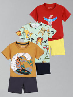 HELLCAT - Boys Mustard Green & Red Printed T-shirts and Shorts (Set of 3)