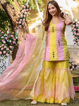 Lavanya The Label - Yellow Pink Kurta Sharara (Set of 3)