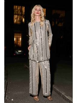 dash and dot - Ivory Geometric Sequin Flared Pant