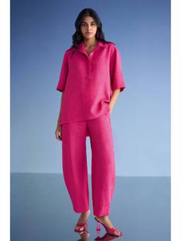 dash and dot - Pink Straight Cut Linen-Textured Pant
