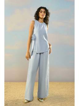 dash and dot - Blue Textured Wide-Legged Pant