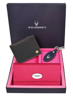 WILDHORN - Premium Leather Ladies Wallet, Mens Wallet and Keychain Gift -1K_RO_2052BK2_K (Set of 3)