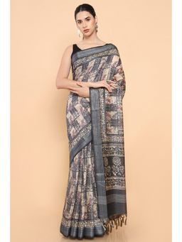 Soch - Women Grey Chanderi Printed Saree with Unstitched Blouse
