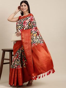 Vastranand - Red & Black Ethnic Motifs Print Saree with Unstitched Blouse