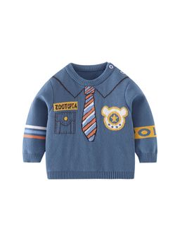 Little Surprise Box - Teal Blue Little Man Tie Print Kids Sweater Round Neck