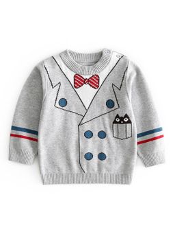 Little Surprise Box - Grey Little Man Bow Print Kids Sweater Round Neck