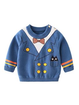 Little Surprise Box - Blue Little Man Bow Print Kids Sweater Round Neck