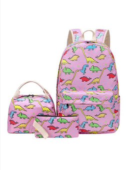 Little Surprise Box - Dino Park 3 Pcs Matching Backpack with Lunch Bag and Stationery Pouch Pink