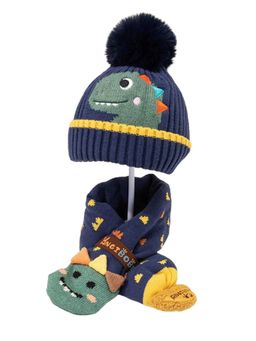 Little Surprise Box - Navy Blue Dino Kids Winter Cap and Neck Muffler (Set of 2)