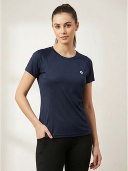 WINEBERRY - Navy Blue Women Solid Round Neck Half Sleeve T-shirt