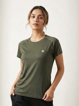 WINEBERRY - Olive Women Solid Round Neck Half Sleeve T-shirt