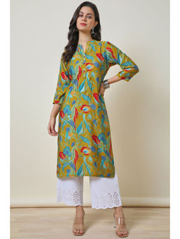 Soch - Green Muslin Blend Mandarin Collar Printed Kurta