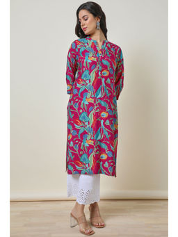Soch - Pink Muslin Blend Mandarin Collar Printed Kurta