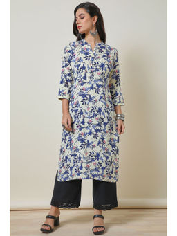 Soch - Off White Floral Print Rayon Straight Kurta