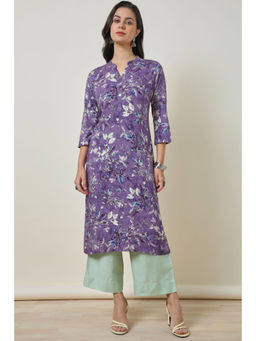 Soch - Purple Foil Print Rayon Straight Kurta