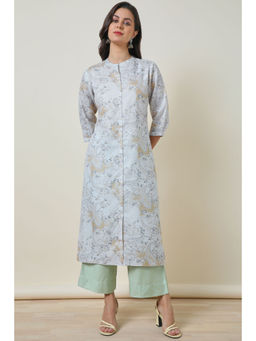 Soch - Grey Floral Print Rayon Straight Kurta