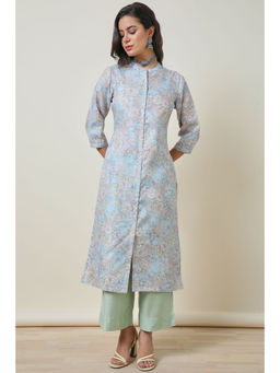 Soch - Powder Blue Floral Print Rayon Straight Kurta