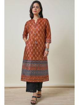 Soch - Rust Chanderi Blend Ethnic Motifs Print Kurta