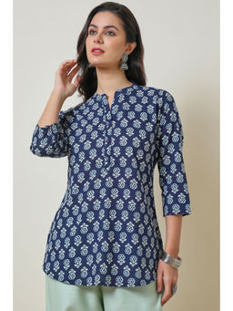Soch - Indigo Mandarin Collar Printed Cotton Tunic