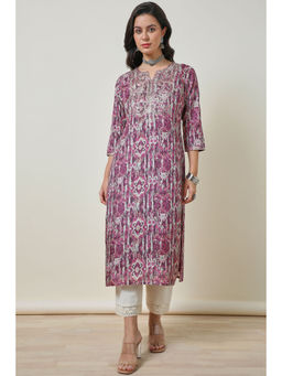Soch - Wine Ikat Print Art Silk Straight Kurta