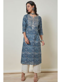 Soch - Blue Geometric Print Art Silk Kurta