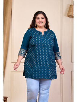 Desi Noor - Teal Blue Rayon Gold Printed Short Kurti