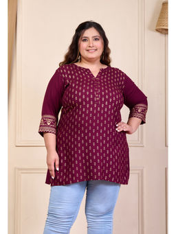 Desi Noor - Wine Rayon Gold Printed Short Kurti