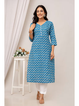 Kohsh - Cotton Motif Printed On Katha Weave Blue Kurta