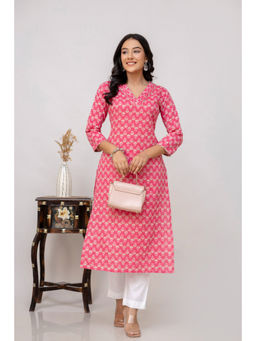 Kohsh - Cotton Motif Printed On Katha Weave Pink Kurta