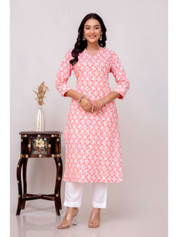 Kohsh - Cotton Motif Printed On Katha Weave Pink Kurta