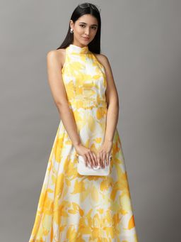 SHOWOFF - Womens Halter Neck Maxi Off White Abstract Dress