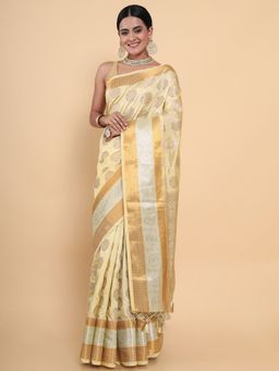 Mimosa - Women Traditional Kasavu Art Silk Beige Saree with Unstitched Blouse