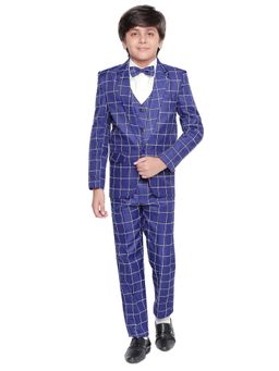 Jeetethnics - Boys Navy Checks Coat Suit With Waistcoat Shirt & Trousers (Set of 5)