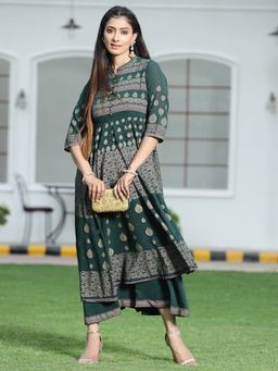 Juniper - Jade Green Ethnic Motif Printed Georgette Layered Maxi Dress