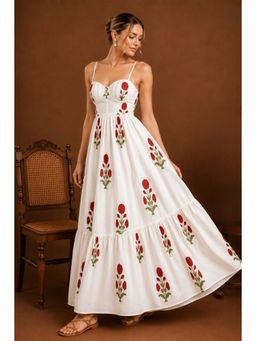 LABEL MAE - Floral Block-Printed Bustier Tiered White Maxi Dress