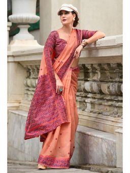 Mysilklove - Jelly Orange Floral Handloom Linen Cotton Saree with Unstitched Blouse