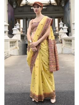 Mysilklove - Apache Yellow Floral Handloom Linen Cotton Saree with Unstitched Blouse