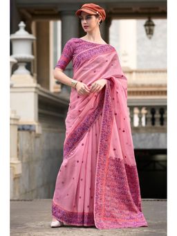 Mysilklove - Charisma Pink Floral Handloom Linen Cotton Saree with Unstitched Blouse